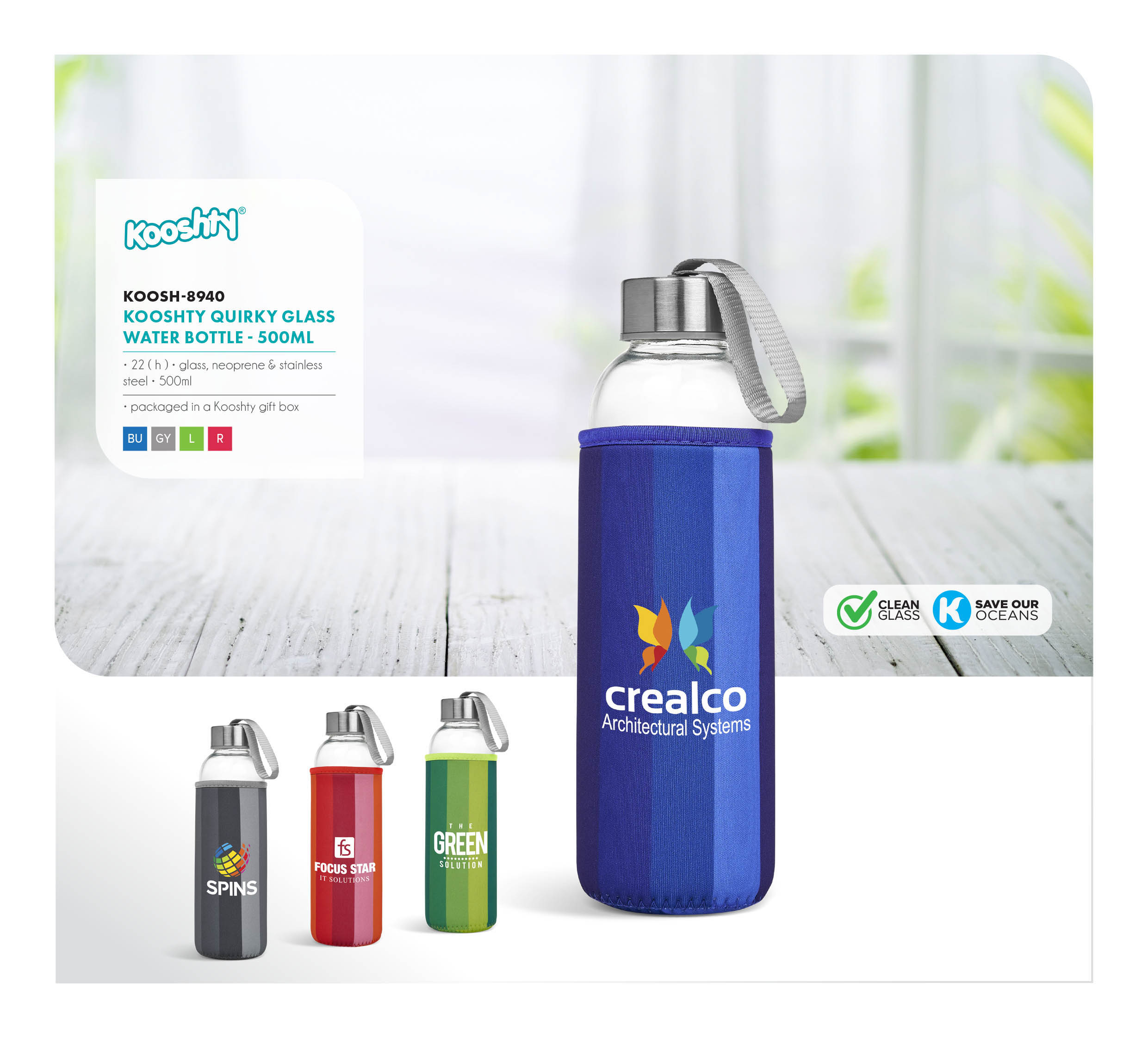 Kooshty Quirky Glass Water Bottle - 500ml - Image 3